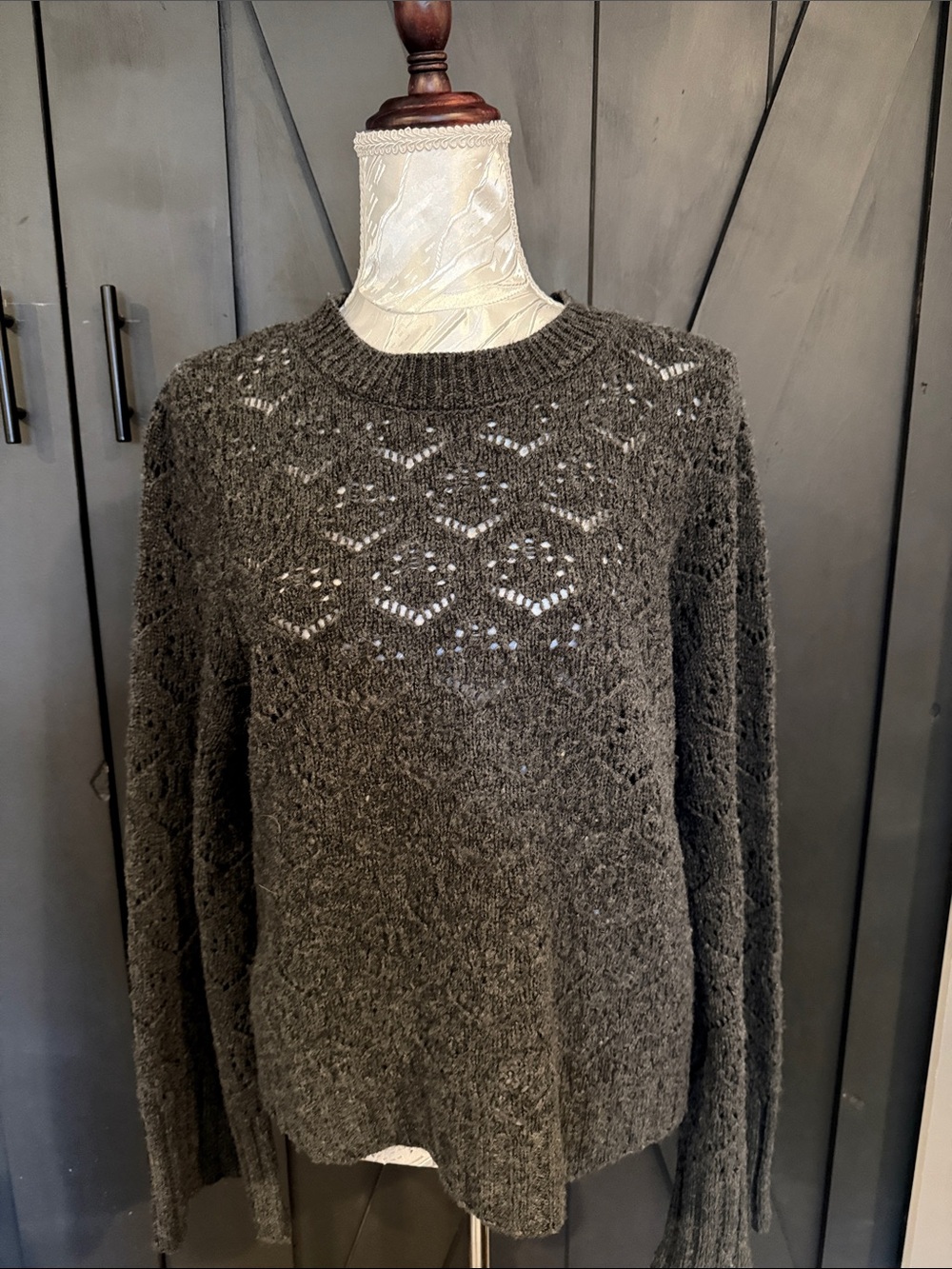 J. Crew Black Open-Knit Crewneck Sweater